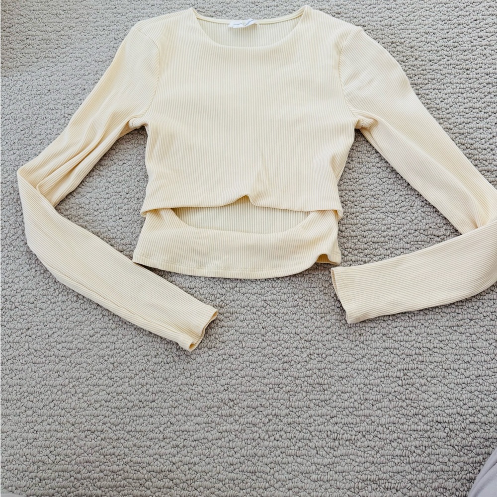 Lovers + Friends Cream Ribbed Long Sleeve Crop Top